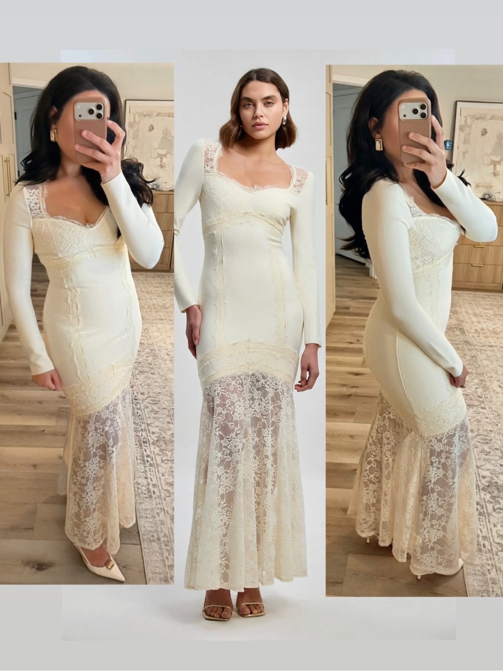 Karen Millen- ivory off white Lace Midi Maxi long sleeve stretchy bandage Dress - Picture 1 of 7